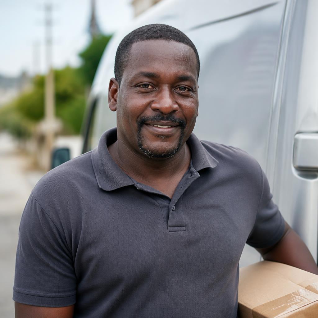 B&E Caterers and Restaurant delivery driver standing beside his van